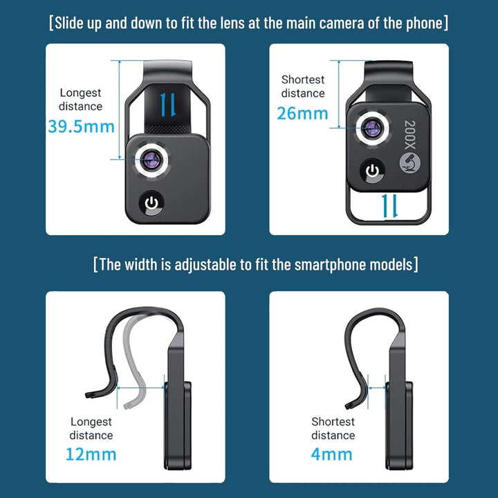 Taschen-Telefon Mikroskope, 200X Zoom-Clip auf Mikroskope Lupe mit CPL-Linse & LED-Licht, Tragbare M