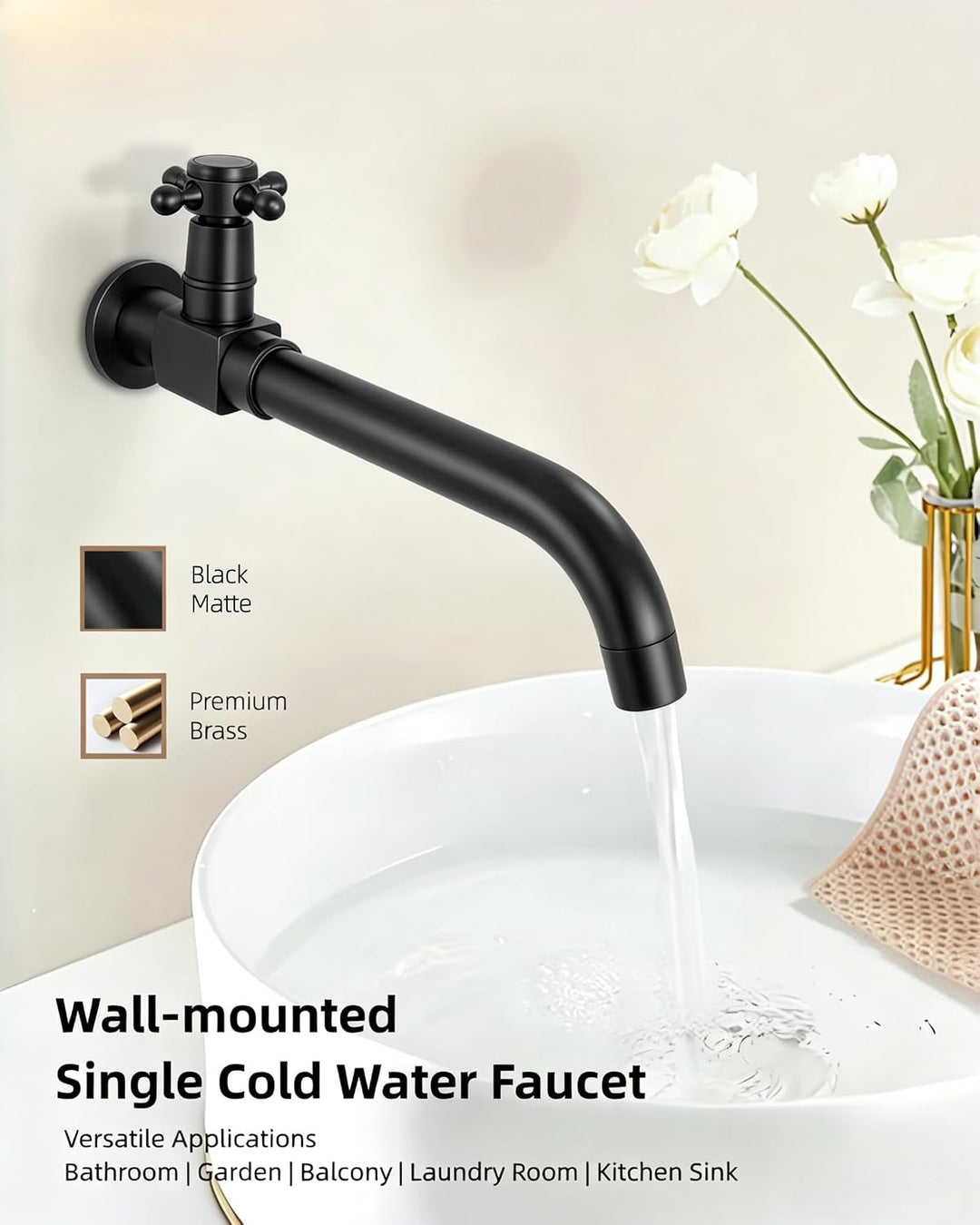 Kaltwasserhahn Wandmontage Schwarz 360° Schwenkbar 24 cm, Schwarz