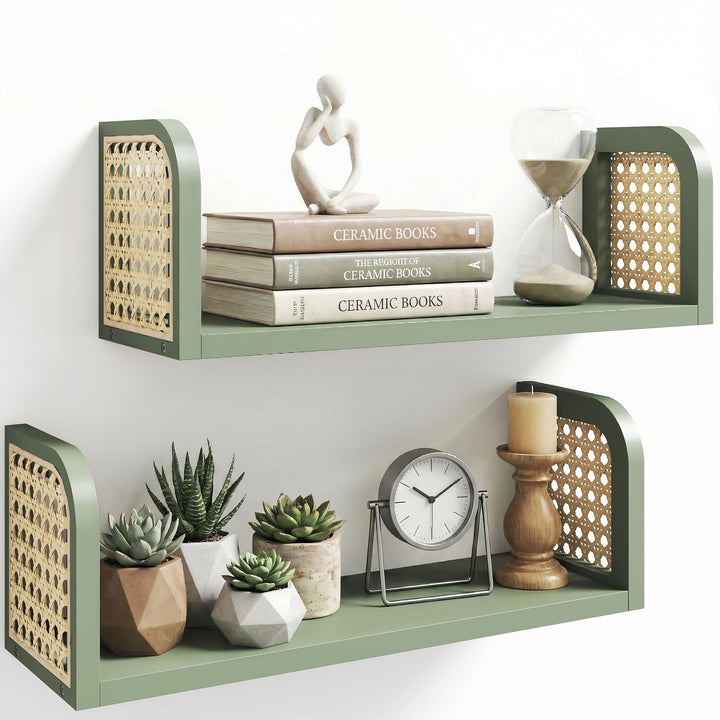 2er Set Rattanregal – Boho Wandregal &amp; Boho Deko in Grün, Hängeregal für Kinderzimmer, Wohnzimmer &amp;