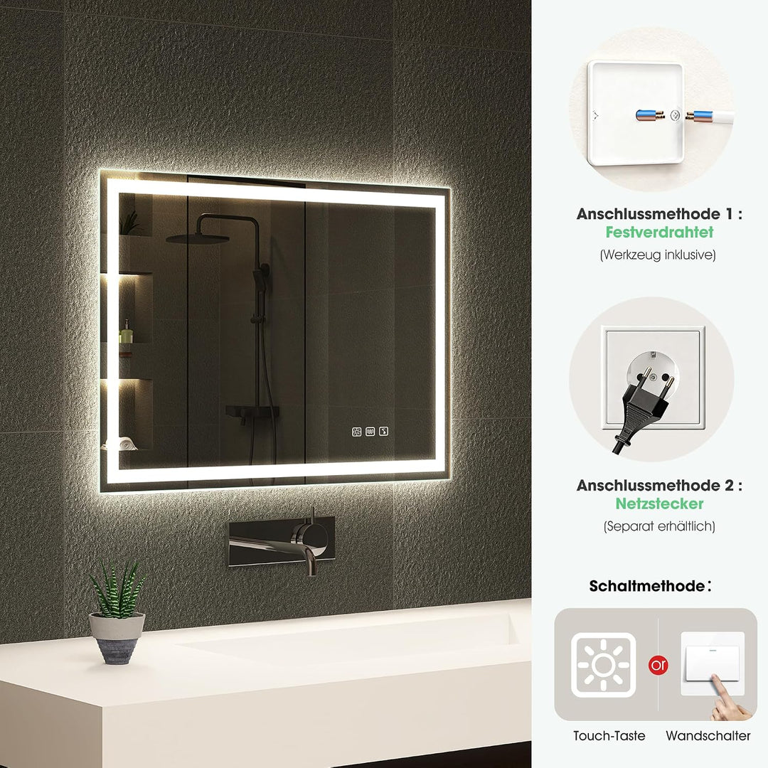S'bagno Bluetooth-Badspiegel-mit-Beleuchtung-70x50cm, LED-Badezimmerspiegel mit Entfoggen, 3000K-650