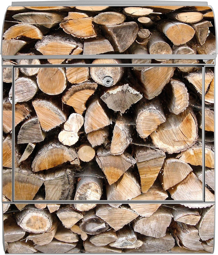 banjado® Design Briefkasten mit Motiv Holzstapel 39x47x14cm &amp; 2 Schlüssel - Briefkasten Stahl Silber