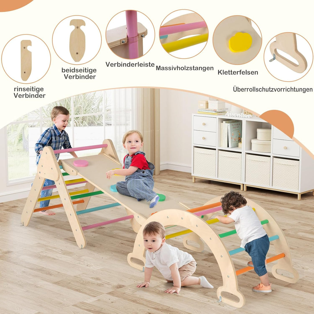 GOPLUS Klettergerüst Indoor, 4 in 1 Kletterdreieck & Kletterbogen & Leiter & Rutsche, Sprossendreiec