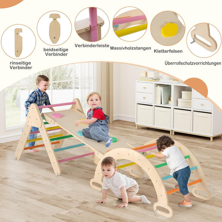 GOPLUS Klettergerüst Indoor, 4 in 1 Kletterdreieck & Kletterbogen & Leiter & Rutsche, Sprossendreiec