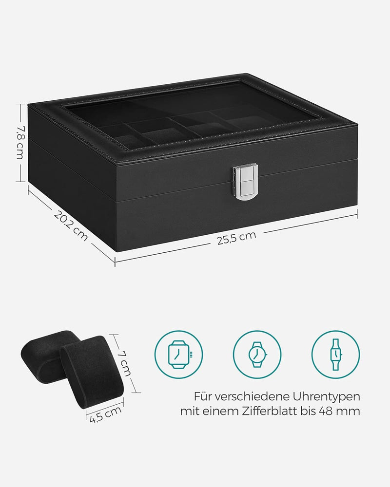 SONGMICS Uhrenbox mit 10 Fächern, Uhrenkasten, Glasdeckel, Uhrenkoffer, herausnehmbare Uhrenkissen,