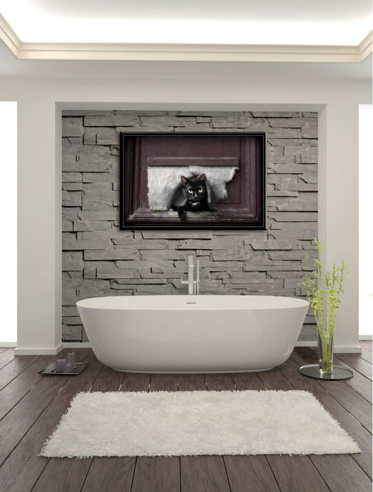 schwarze Katze durch Hundeklappe auf Leinwand, XXL riesige Bilder fertig gerahmt mit Keilrahmen, Kun