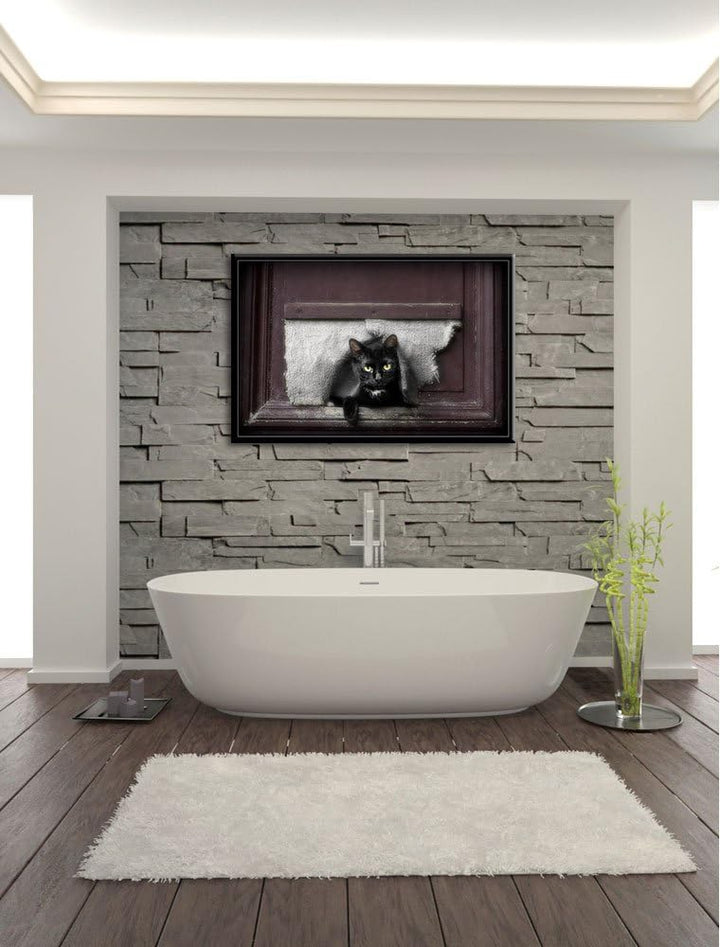 schwarze Katze durch Hundeklappe auf Leinwand, XXL riesige Bilder fertig gerahmt mit Keilrahmen, Kun