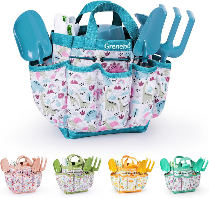 Grenebo-Gartenspielzeug für Kinder, inklusive Metallkelle, Pflanzschaufel, Gartenhut, Rechen, Schürz