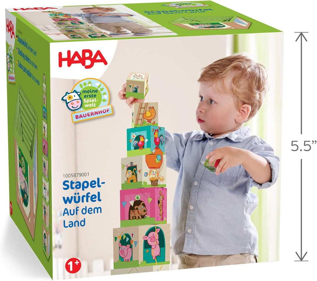 HABA Stapelwürfel Auf dem Land – Stapelspiel ab 1 Jahr mit Bauernhof-Motiven – 10 Würfel aus stabile