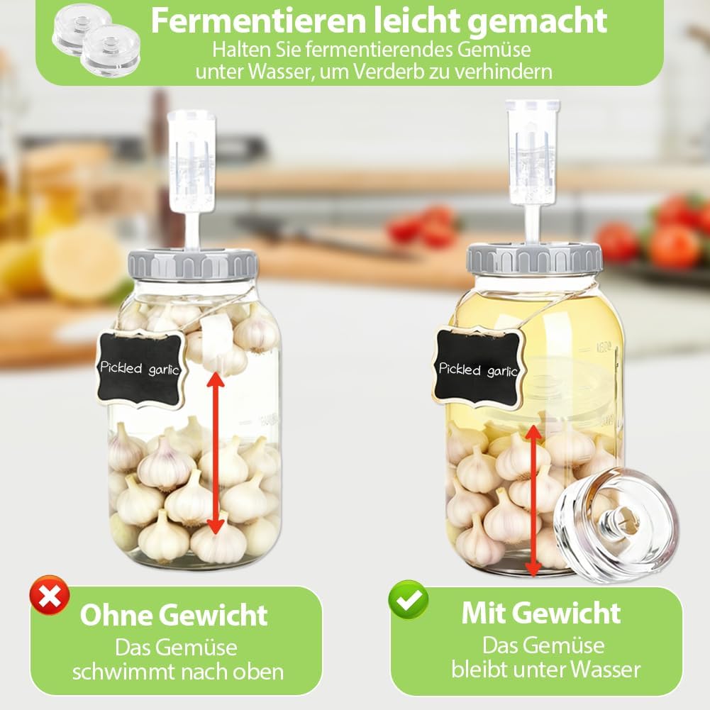 2 Stück Fermentierglas 2L mit 2 Fermentiergewichte Ø 7 cm, 1 Edelstahl Gabel, 1 Bürste, Kimchi Behäl