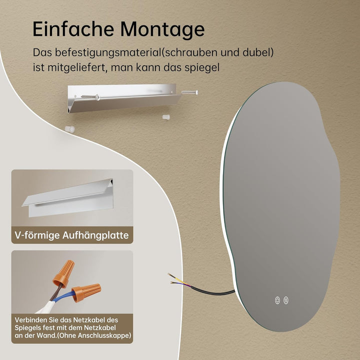 Spiegel mit Beleuchtung Asymmetrischer LED Badspiegel 56 x 76 cm mit Touch-Schalter, Dimmbar 3 Licht