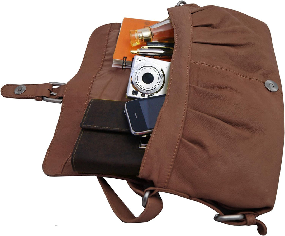 LL BARON of MALTZAHN Damen Schultertaschen FLAKONE brown-Natur Casual-716 aus Leder + Lederpflege
