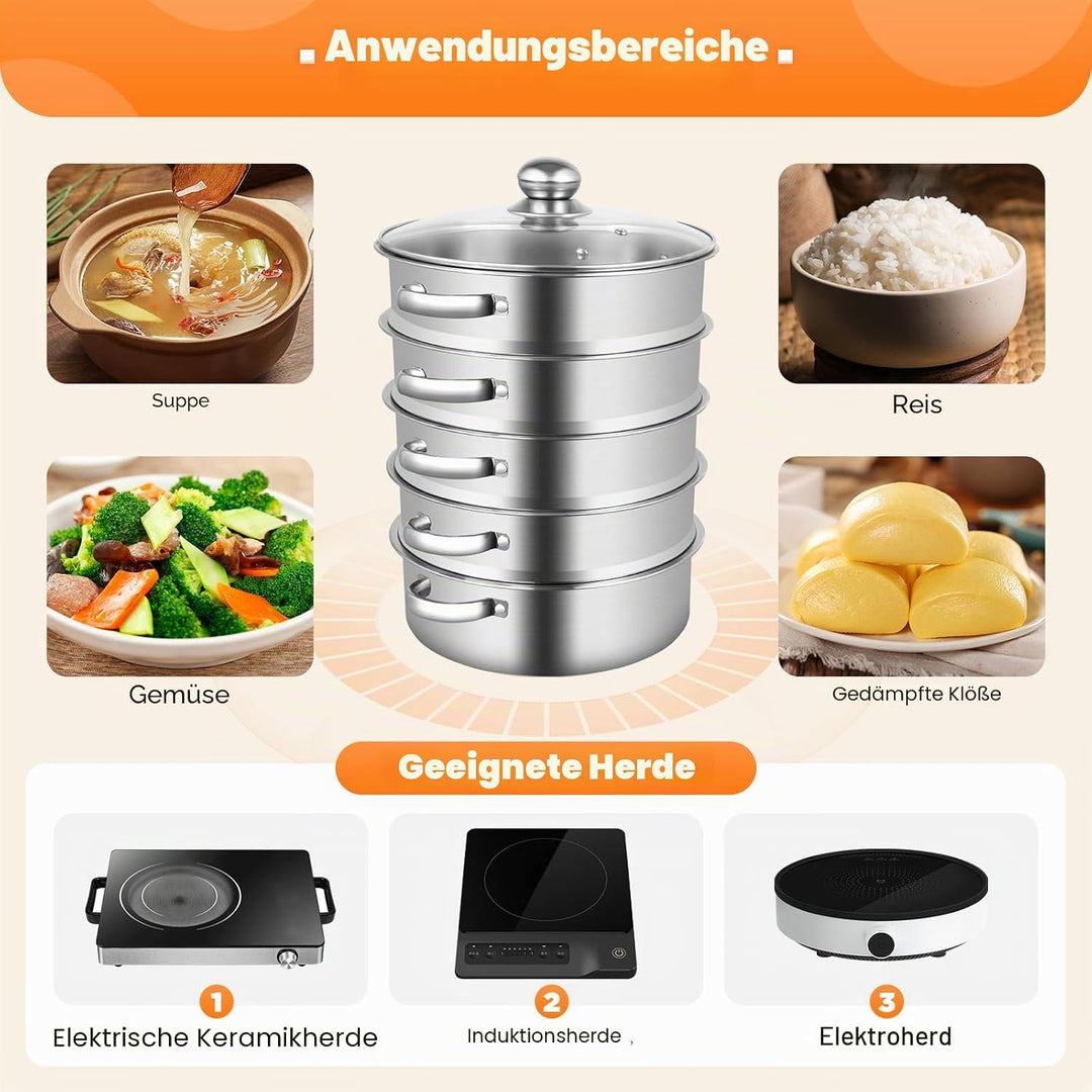 5-stufiger Edelstahl-Dampfgarer, lebensmittelecht mit Glasdeckel Dampfgarer, faltbarer Dampfgarer mi