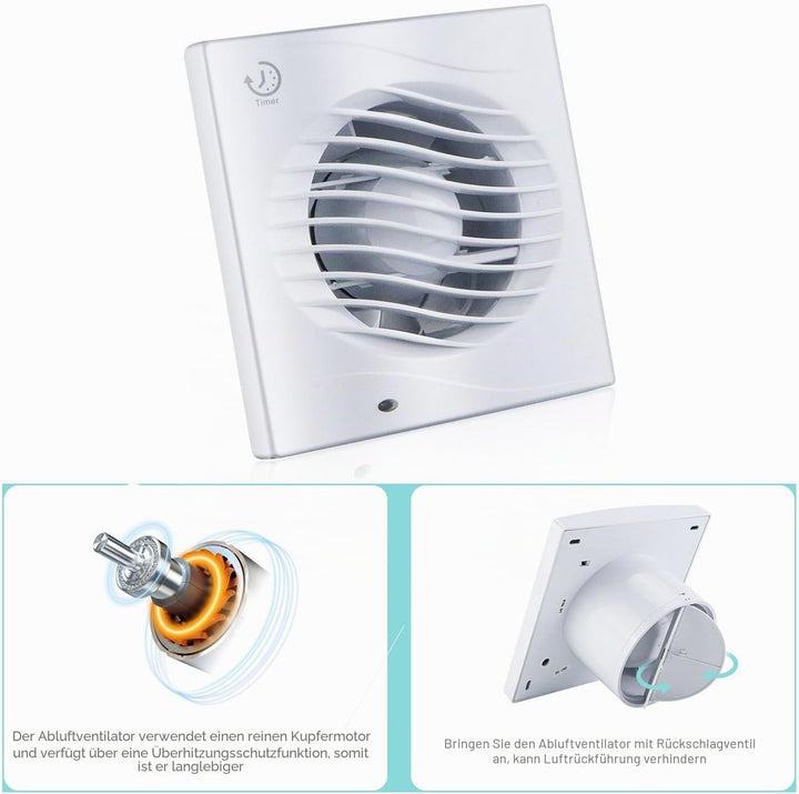 Anesty Badlüfter 100mm mit Nachlauf Timer, 12W 130m³/h Abluftventilator Leiser Badezimmer Lüfter mit
