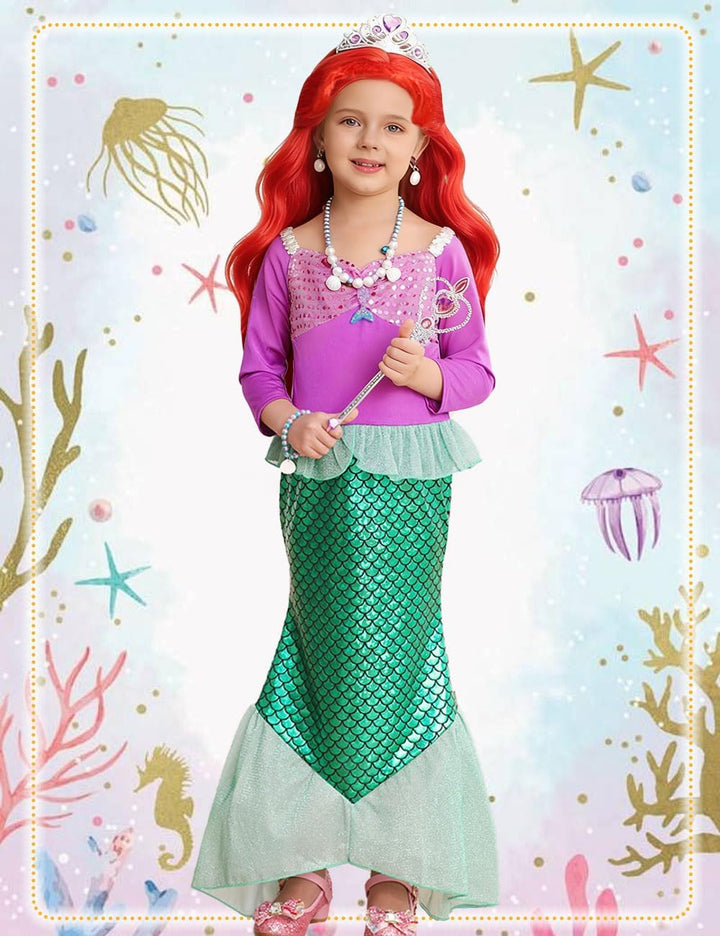 LiUiMiY Meerjungfrau Kostüm Mädchen Arielle Kleid Kinder Langarm Verkleidung Fasching Geburtstag Hal