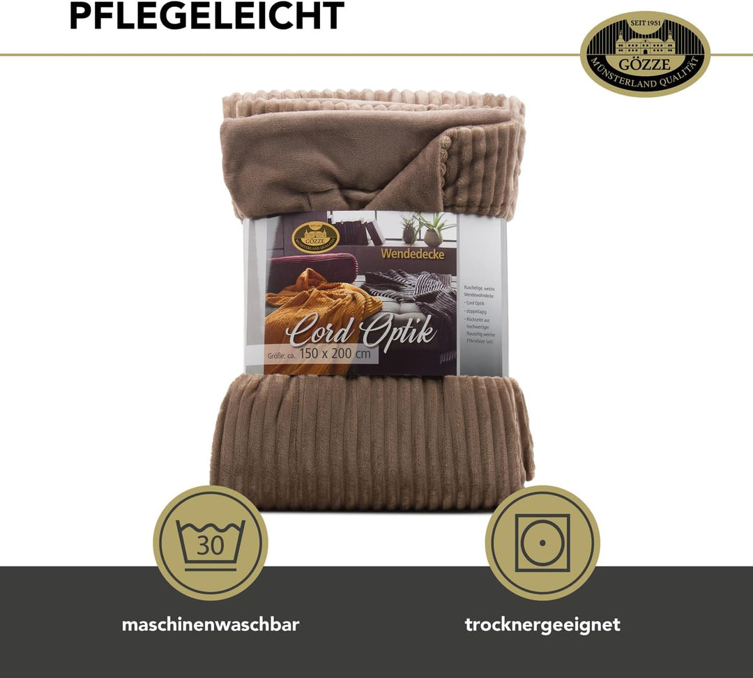 Gözze - Kuschelweiche Wohndecke in Cord Optik, 1620g/Stück, 150 x 200 cm - Taupe, Taupe