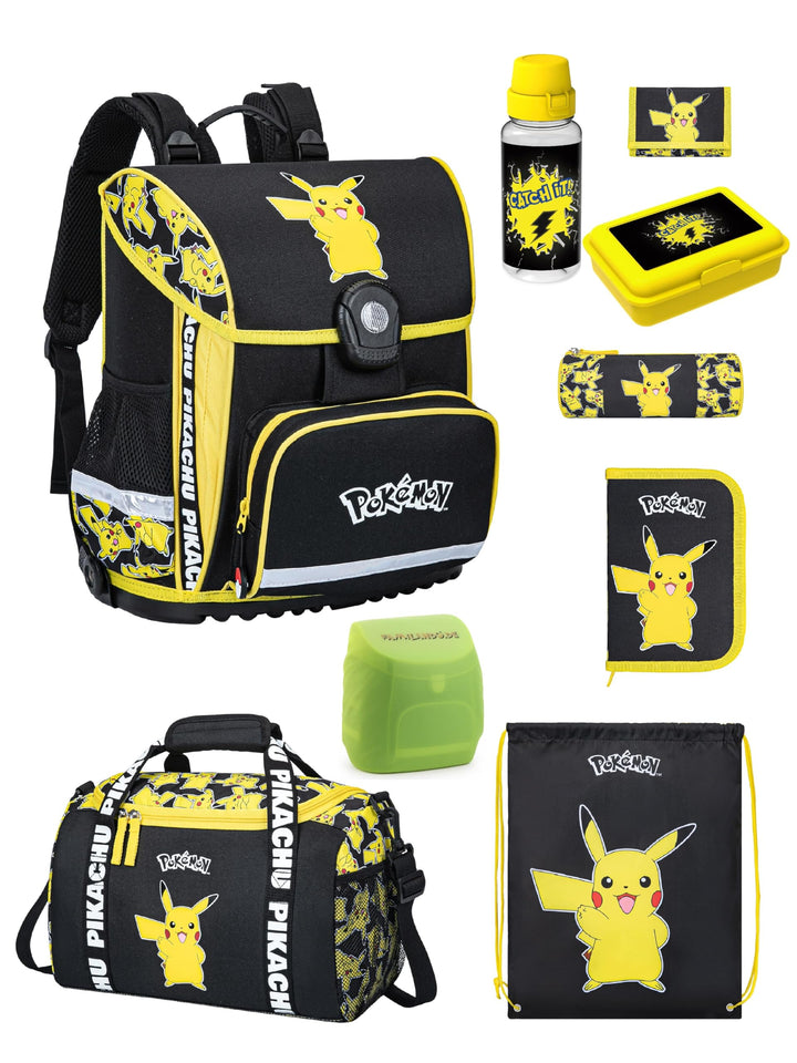 Familando - Schulranzen Set 9-teilig mit Lunch-Set - Pokémon mit Pikachu Motiv - Ergonomisch, stabil