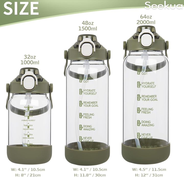 Seekua 1.5 liter Trinkflasche Glas Flasche mit Strohhalm & Zeitmarkierung, 1.5l Wasserflasche mit Fr