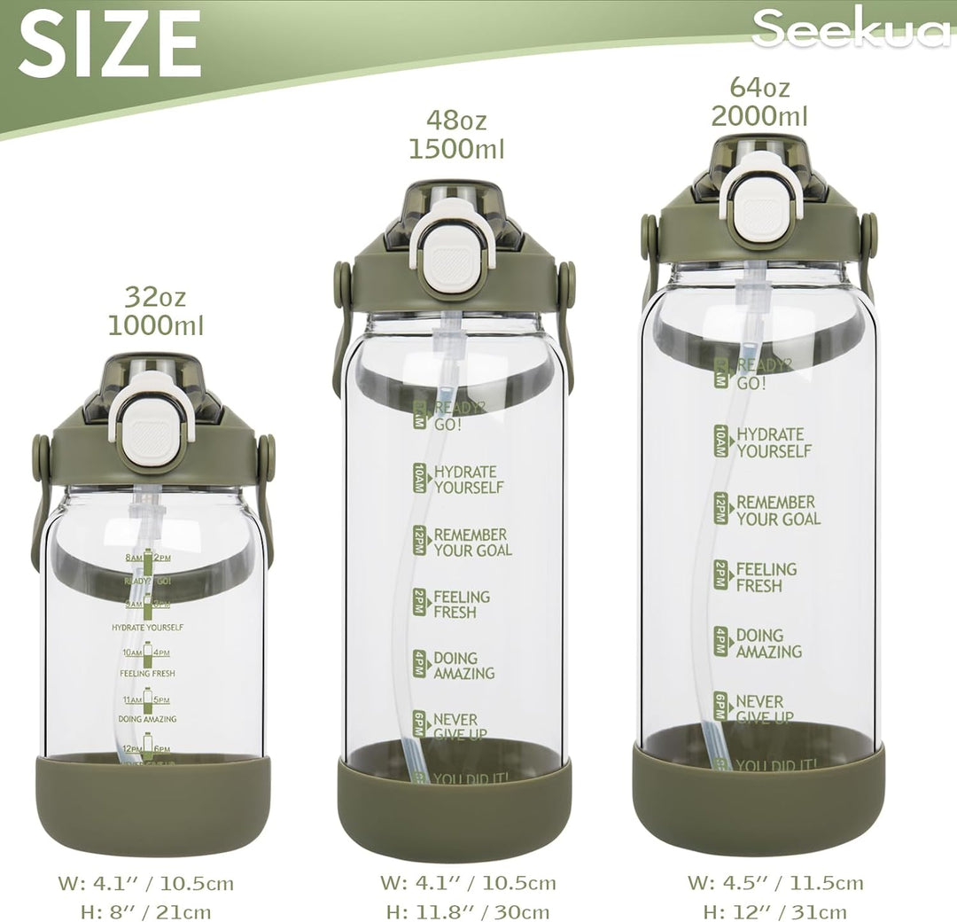 Seekua 1l Trinkflasche Glas Flasche mit Strohhalm & Zeitmarkierung, 1 liter Wasserflasche mit Frücht