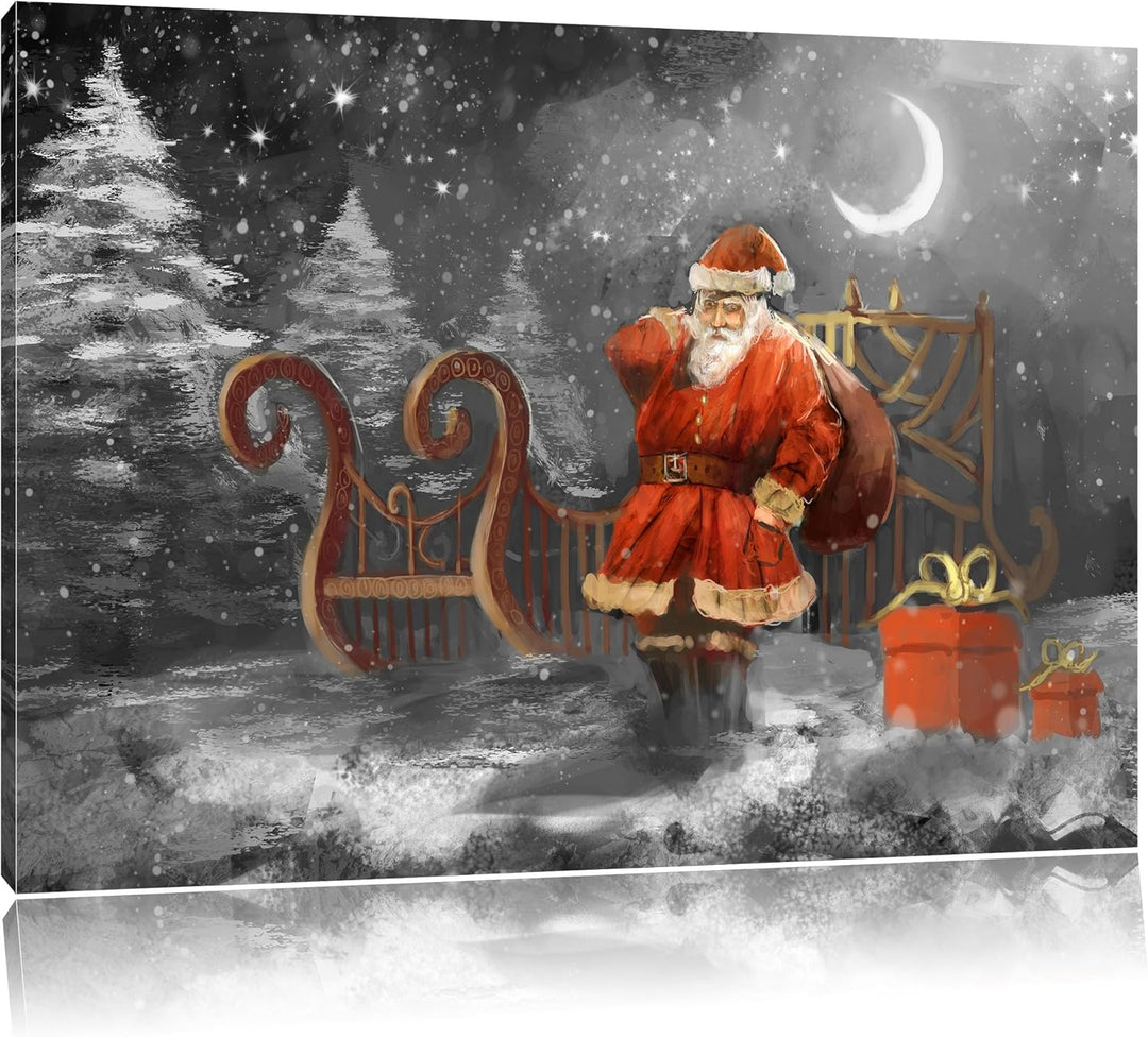 Pixxprint Weihnachtsmann mit Geschenken als Leinwandbild/Grösse: 100x70 cm/Wandbild/Kunstdruck/ferti