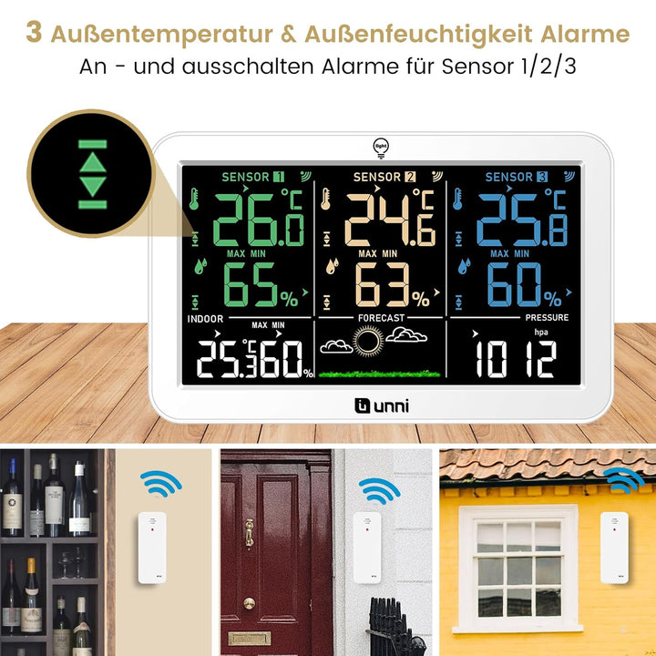 Funk Wetterstation mit 3 Aussensensoren USB und Batteriebetrieb, Funkwetterstation mit 100M Reichwei