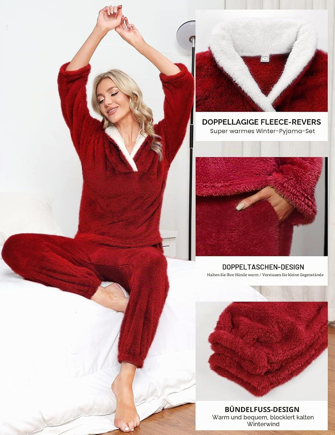 Schlafanzug Damen Winter Thermo Pyjama Set Langarm Fleece Nachtwäsche Set Weicher Warmer Heim Lounge