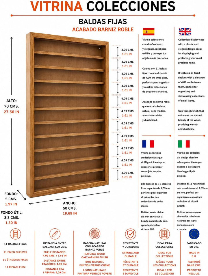 Vitrine Miniatur-Kollektionen, Eichenlack, Masse (B/T/T): 50 x 5 x 70 cm. 50*5*70 cms, 50*5*70 cms