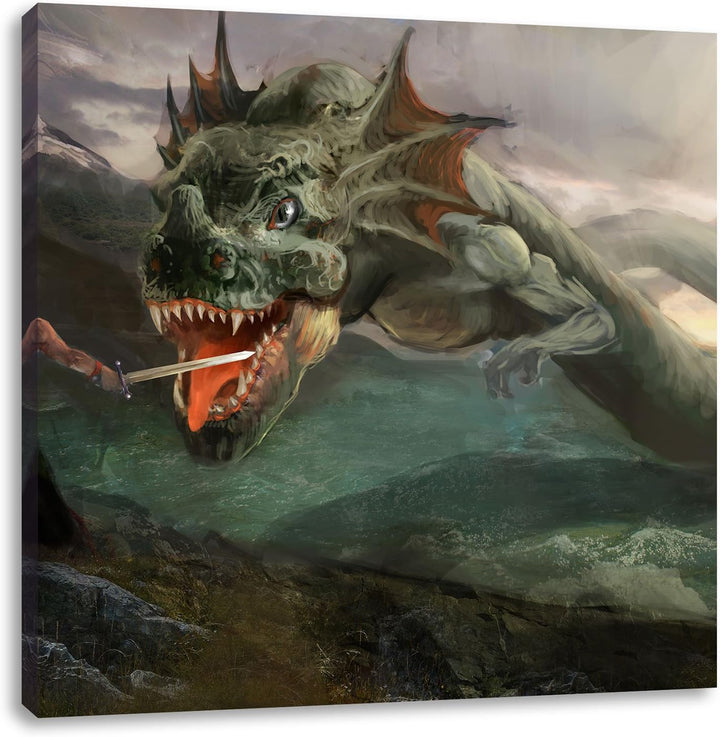 Pixxprint Drache kämpft gegen Krieger als Leinwandbild/Grösse: 70x70 cm/Wandbild/Kunstdruck/fertig b