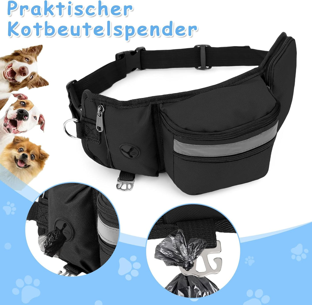 Leckerlibeutel Hundetraining, Robuste Bauchtasche mit Kotbeutelspender, Flaschenhalter, Reflektor &