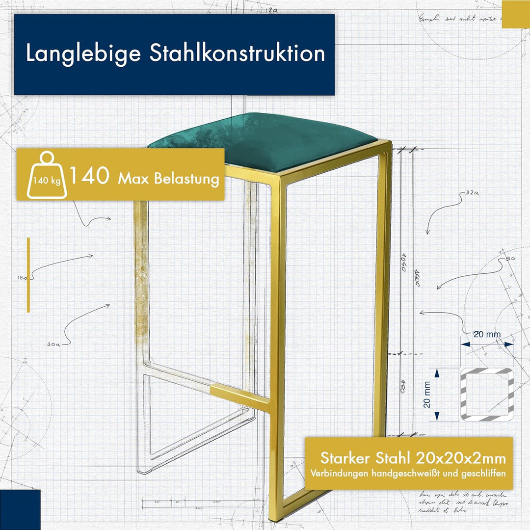 FERRO modern design Barhocker Gold ohne Lehne 64 cm - Metal Barstuhl mit Gepolstertem Sitz - Loft St