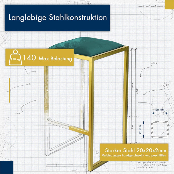 FERRO modern design Barhocker Gold ohne Lehne 64 cm - Metal Barstuhl mit Gepolstertem Sitz - Loft St