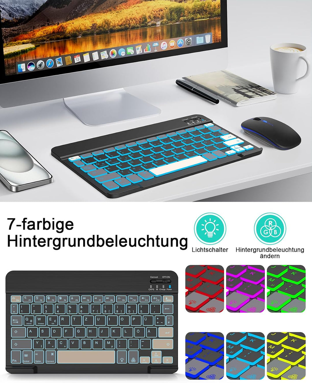LAMA Kabellose Bluetooth Tastatur &amp; Maus, wiederaufladbare Universal Tablet Tastatur, kompatible mit