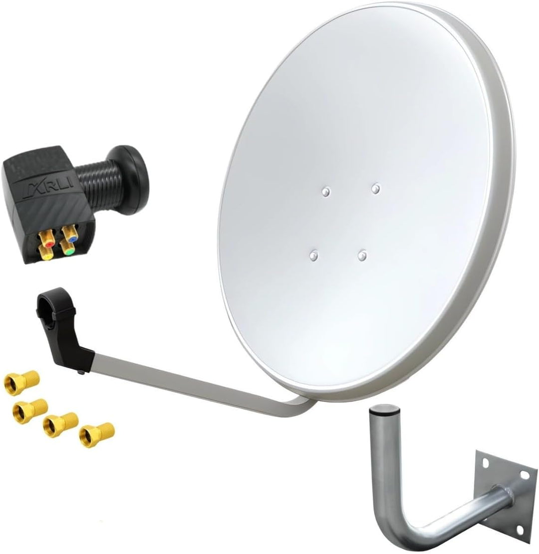 60cm HD Sat Anlage Quad LNB Digital + Wandhalter 25cm + 4X F-Stecker 4 Teilnehmer Antenne Weiss UHD
