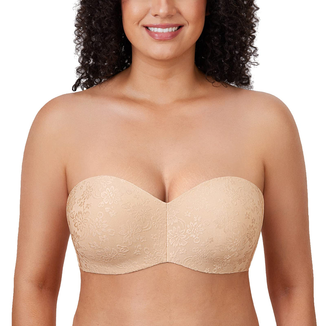 DELIMIRA Damen Trägerloser BH Jacquard mit Bügel ohne Einlagen Grosse Grössen 70B Beige, 70B Beige