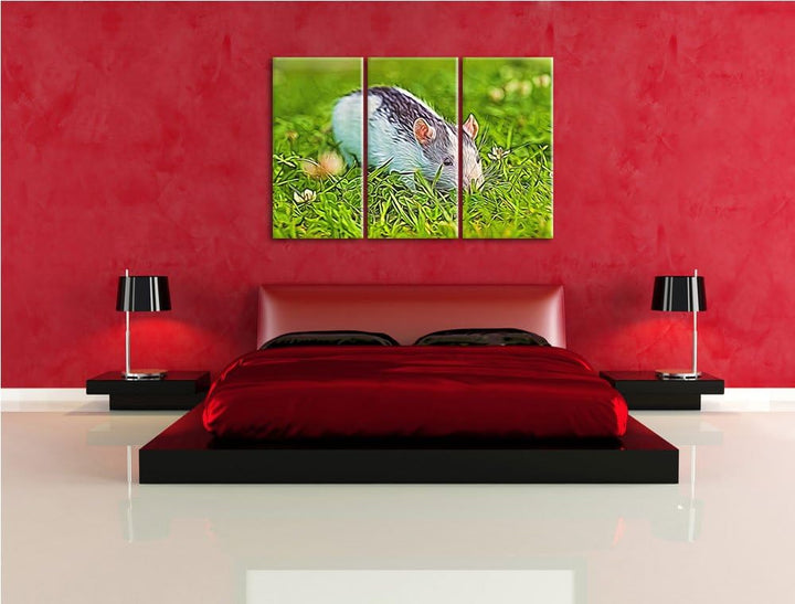 kleine Maus auf Blumenwiese NewArt 3-Teiler Leinwandbild 120x80 Bild auf Leinwand, XXL riesige Bilde