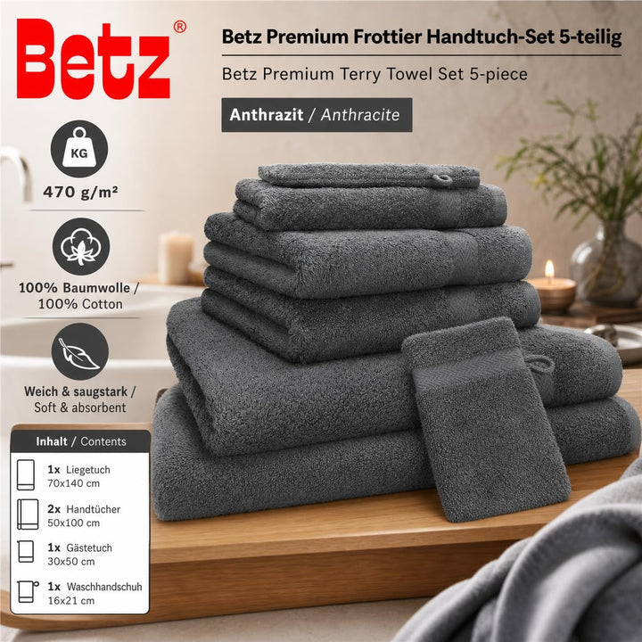 Betz 5-TLG. Handtuch-Set Premium 100% Baumwolle 1 Duschtuch 2 Handtücher 1 Gästetuch 1 Waschhandschu