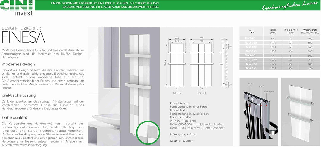 Finesa Design Badheizkörper Paneel flach 1500x404 – Handtuchheizkörper Handtuchtrockner – Mittelansc