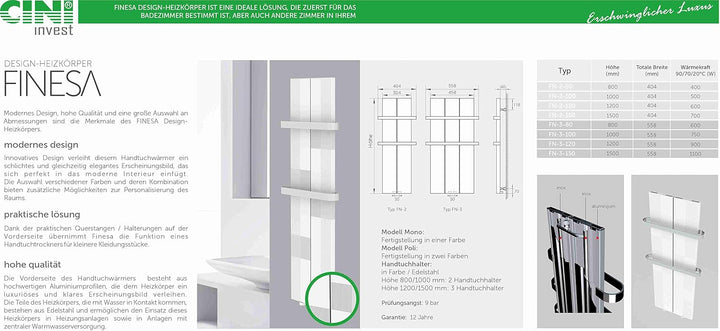 Finesa Design Badheizkörper Paneel flach 1500x404 – Handtuchheizkörper Handtuchtrockner – Mittelansc