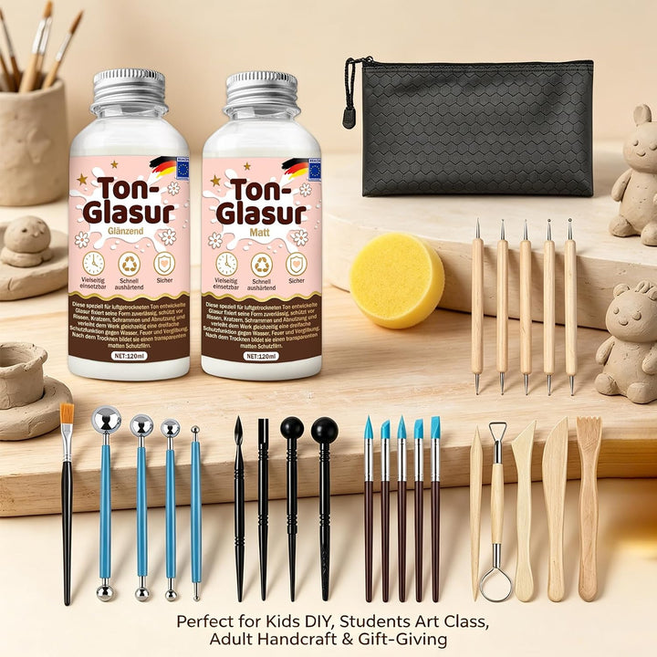 120 ml Lufttrocknend Ton Glasur Air Dry Clay Glaze, 27pcs Modellierwerkzeug, schützt Keramik vor Ver