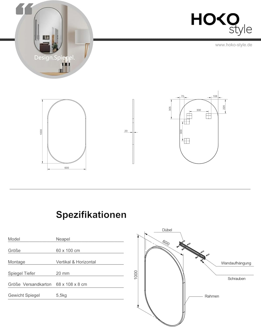 HOKO® Design Wandspiegel oval 60 x 100 cm mit Metall Rahmen Matt Schwarz. HOCH und QUER Montage mögl