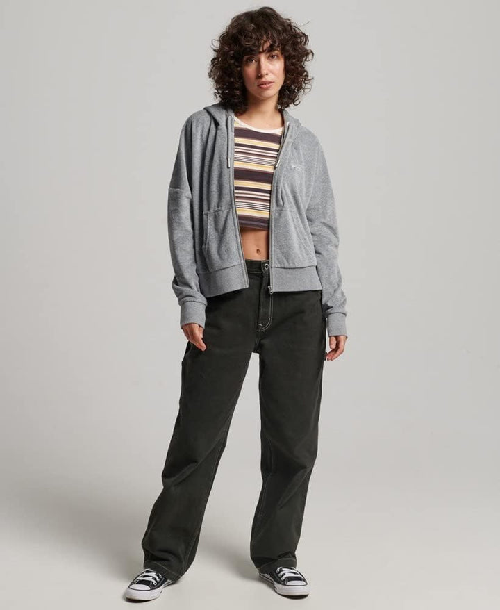 Superdry Damen Vintage Logo Velours-Kapuzenjacke aus Bio-Baumwolle 40 Grau Meliert, 40 Grau Meliert