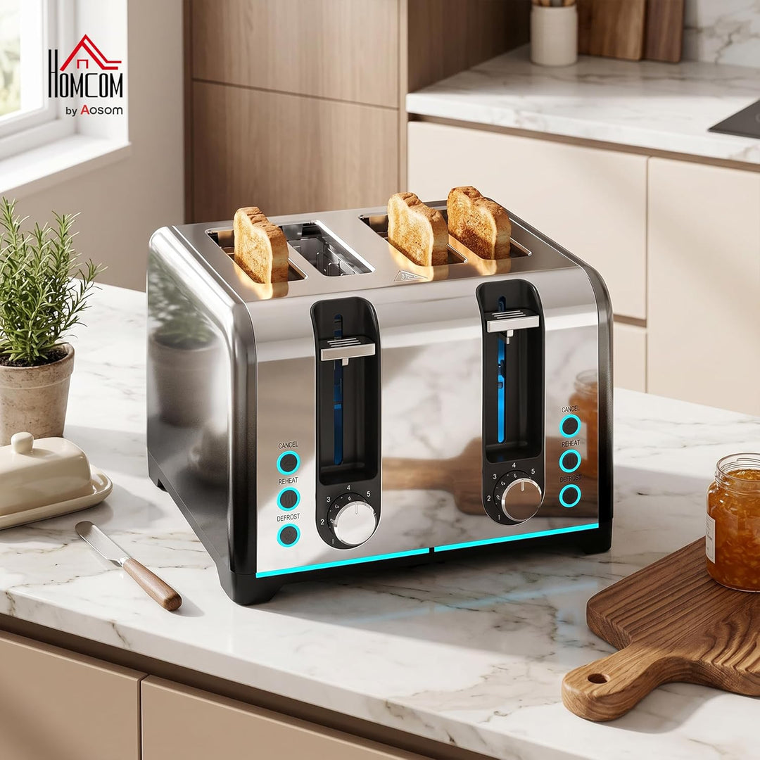HOMCOM Toaster 4-Scheiben mit 7 Bräunungsstufen, Aufwärm-, Auftau- und Abbruchfunktion, selbstzentri