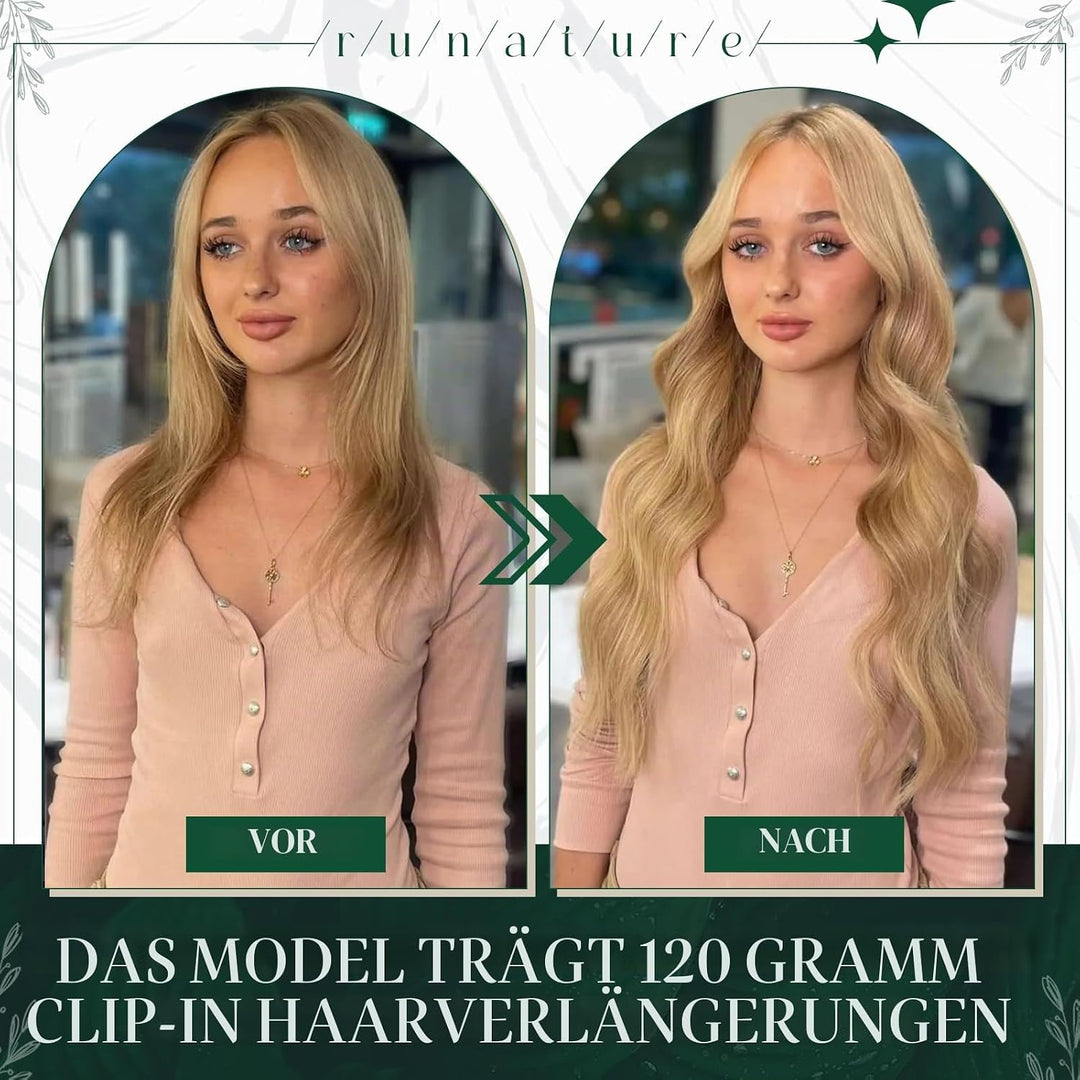 RUNATURE Clip in Extensions Echthaar Goldblond mit Hellblond Haarverlangerung Echthaar Clip in Glatt