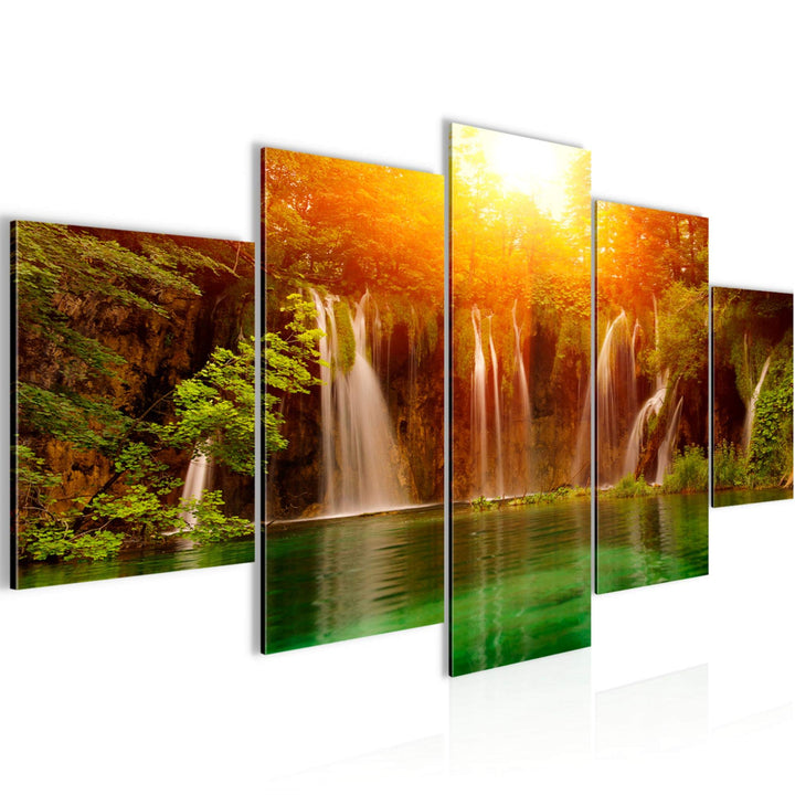 Runa Art Wandbilder Wasserfall Landschaft 5 Teilig Bild auf Vlies Leinwand Deko Schlafzimmer Wohnzim
