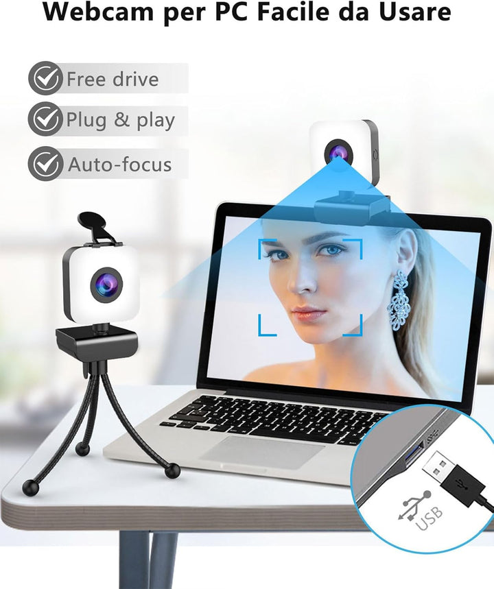 1080P Webcam mit Mikrofon,Full HD Web Camera für PC/Laptop,Facecam Streaming Cam mit Ringlicht,Abdec