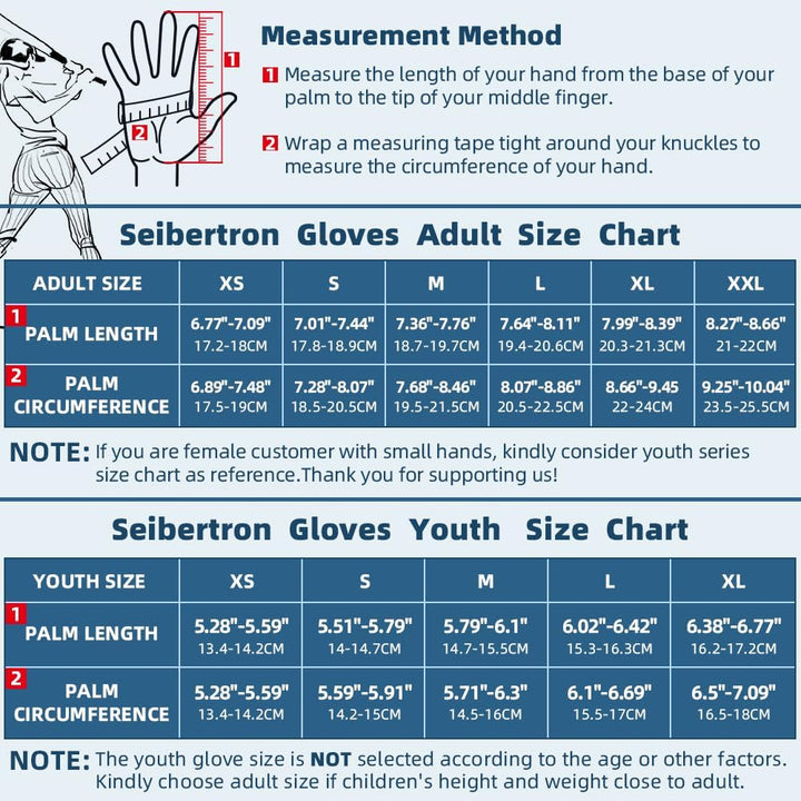 Seibertron S.P.B.G 2.0 Baseball/Softball Schlagmann Batting Super Grip and Protective Handschuhe Glo