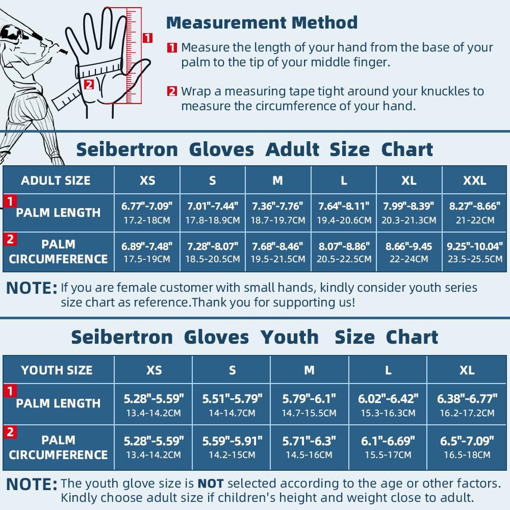 Seibertron S.P.B.G 2.0 Baseball/Softball Schlagmann Batting Super Grip and Protective Handschuhe Glo