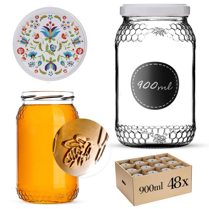 KADAX 48er Set Einmachgläser 900ml TO82 Blumen, Grosse Sturzgläser mit Schraubdeckel, Einkochgläser