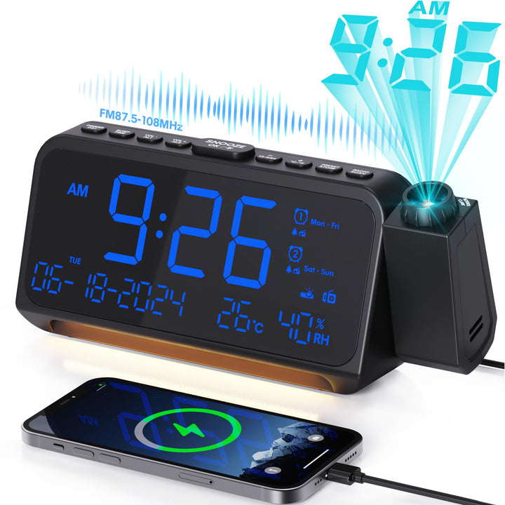 Radiowecker mit Projektion für Schlafzimmer, Typ C & USB-Anschluss, Dual-Wecker für Wochentag/Wochen
