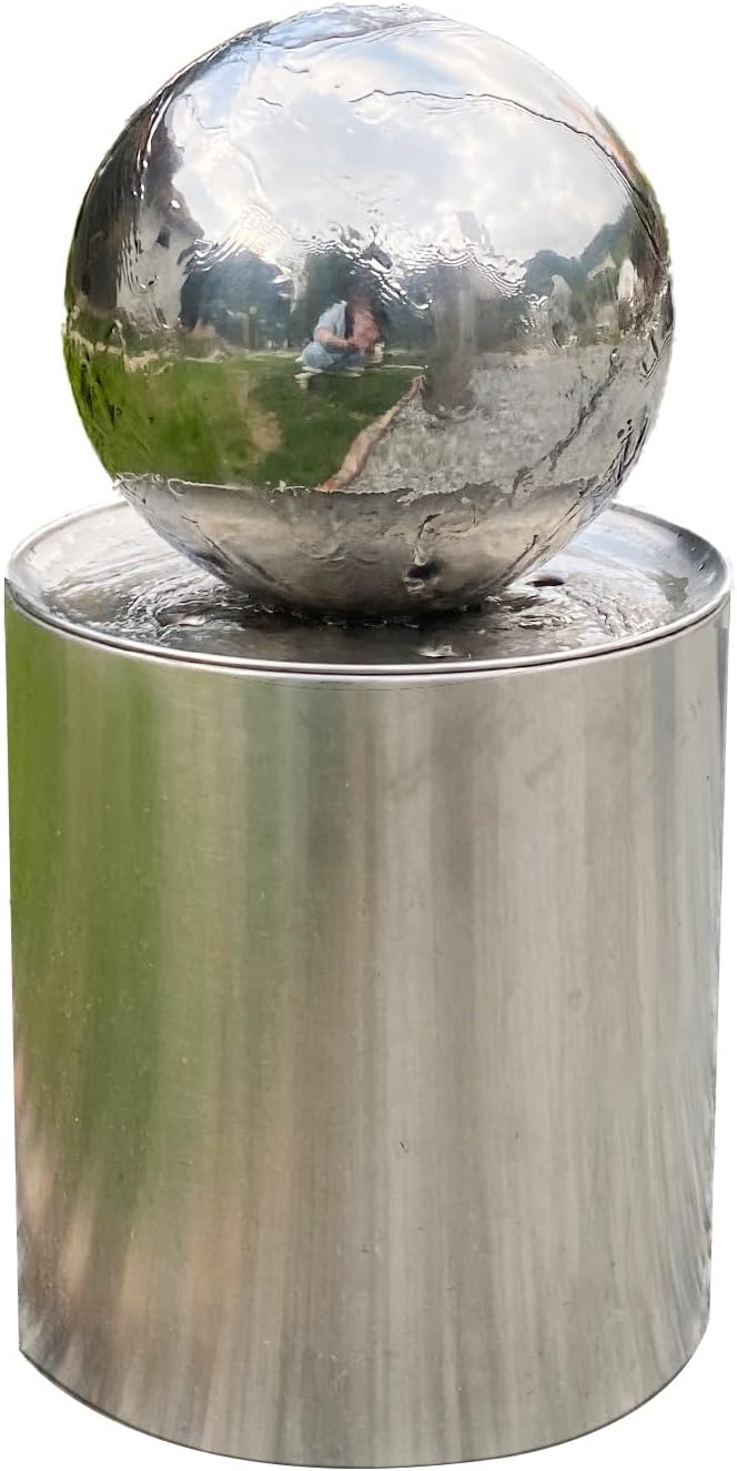 Köhko® Kugelbrunnen Ø25cm mit integrierte LED-Beleuchtung auf zylindrischen Edelstahl Eimer H30cm ho