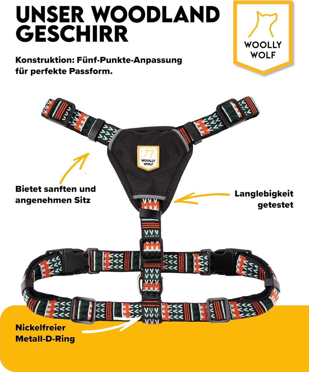 Woolly Wolf Woodland Hundegeschirr für grosse Hunde L – Geschirr mit Reflektoren & 5-Punkt-Anpassuns